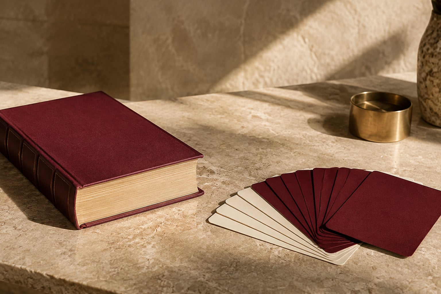 A burgundy reference book beside a fan of blank ivory and burgundy cards.