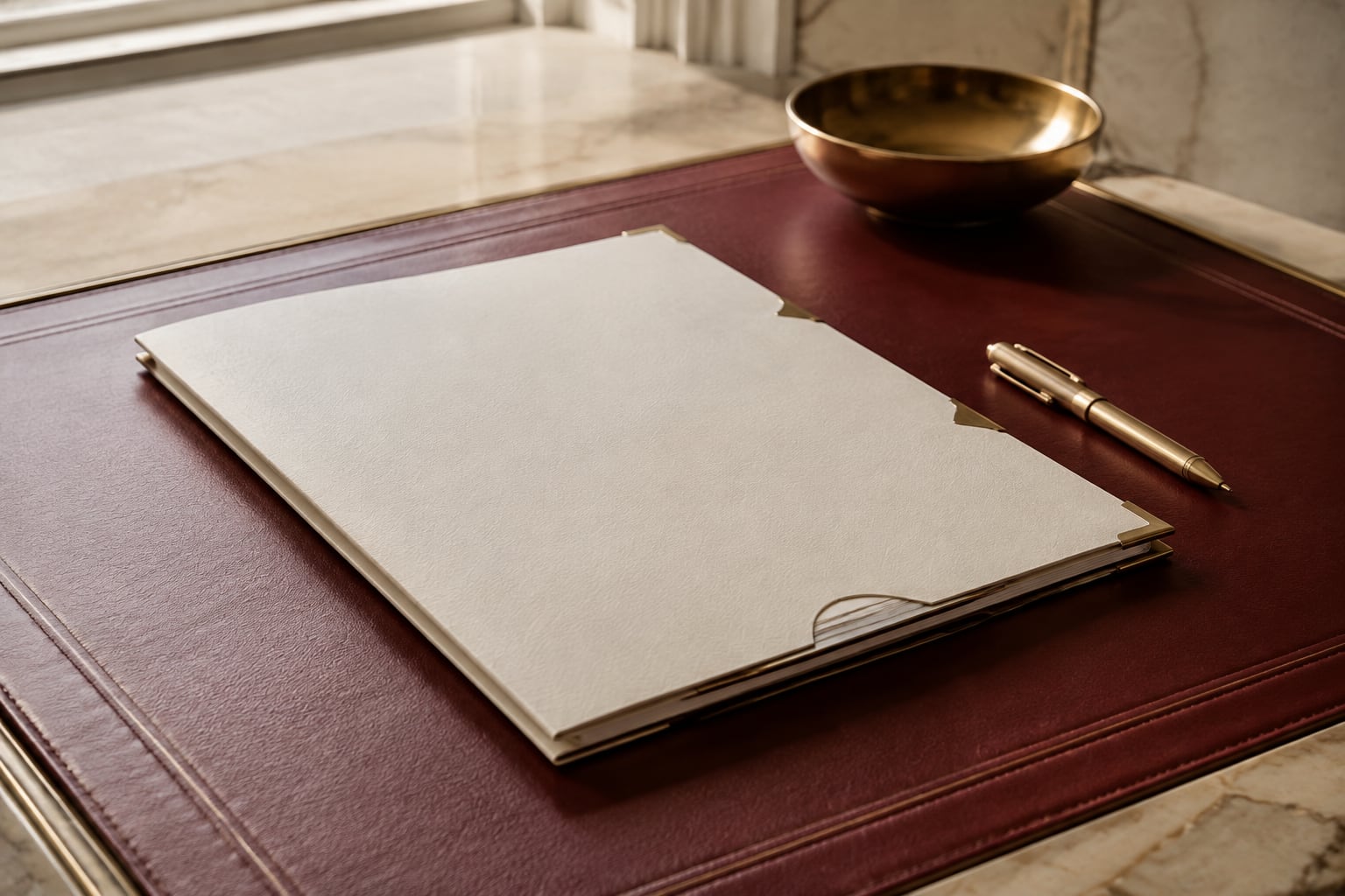 An ivory agreement folder and brass pen on a burgundy writing surface.