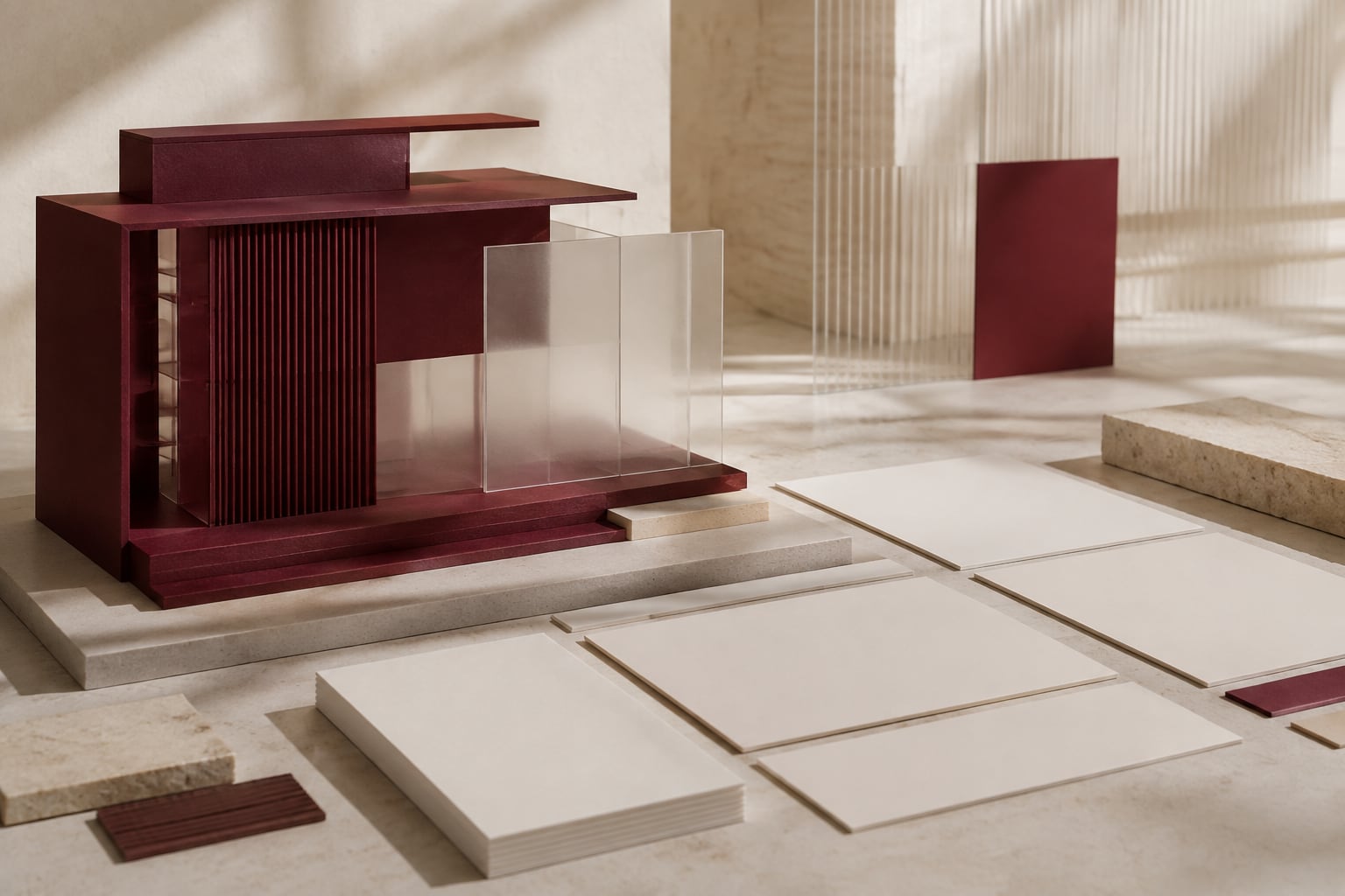 Burgundy architectural model and blank page panels on a limestone design table.