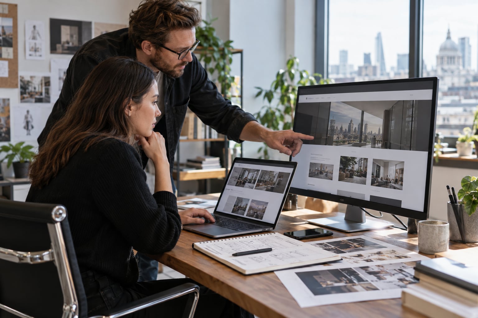 A web designer and developer reviewing responsive law firm website layouts in a studio.