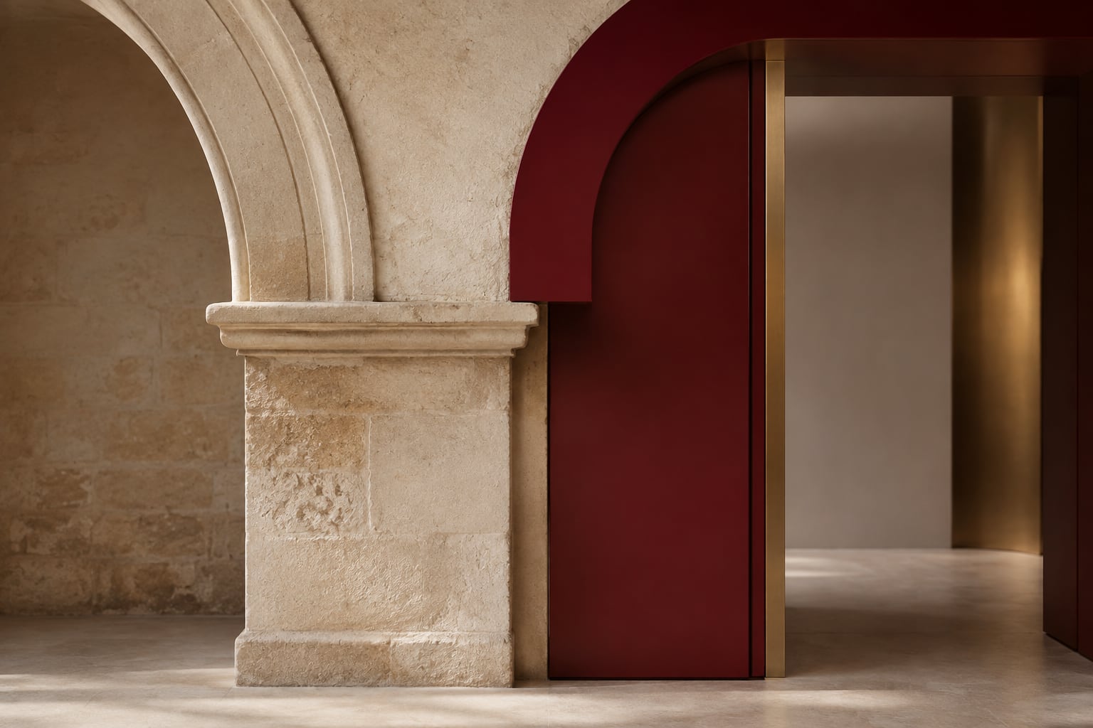 A restored limestone arch beside a refined burgundy contemporary frame.