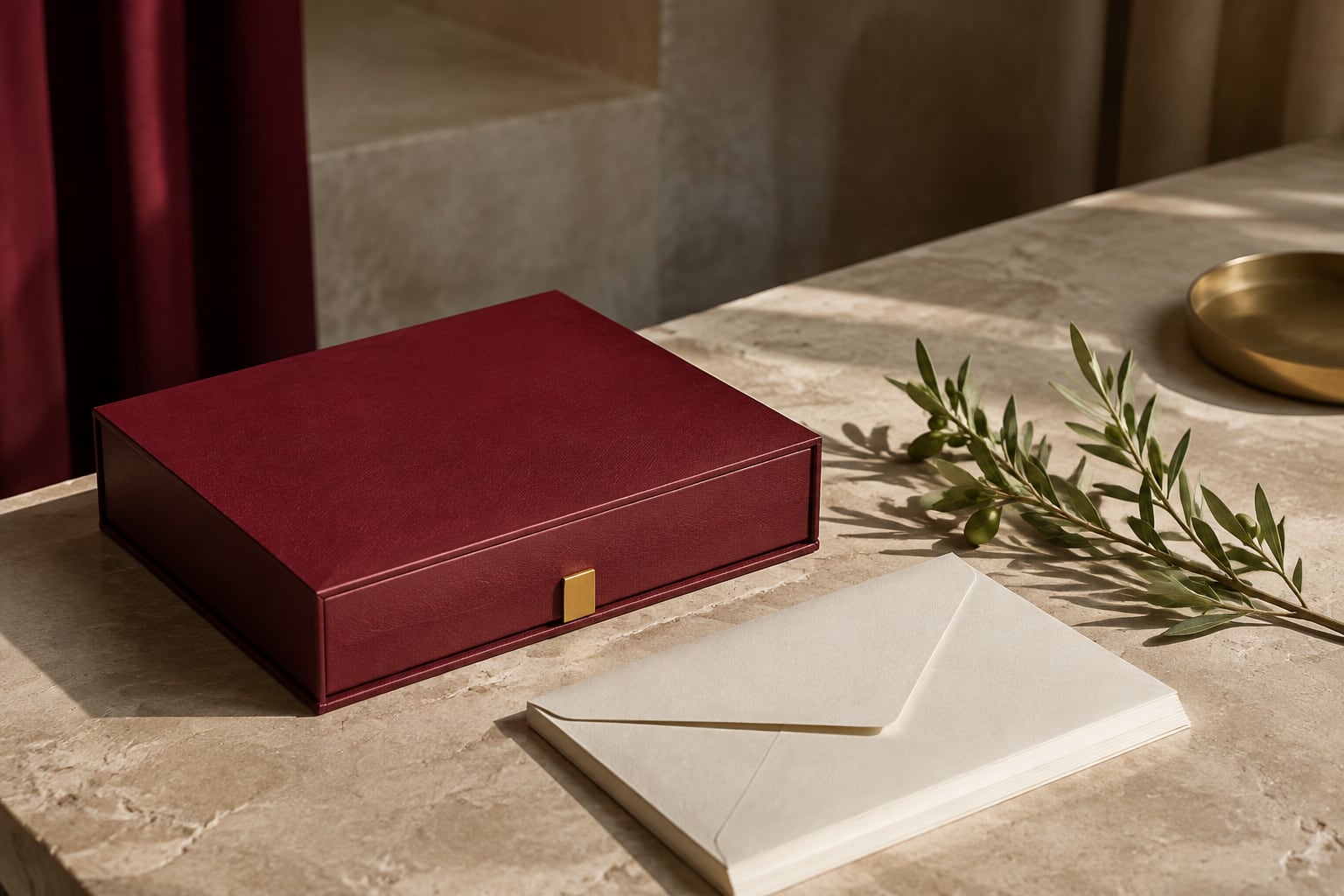 A closed burgundy document box beside an ivory envelope and a small olive branch on limestone.